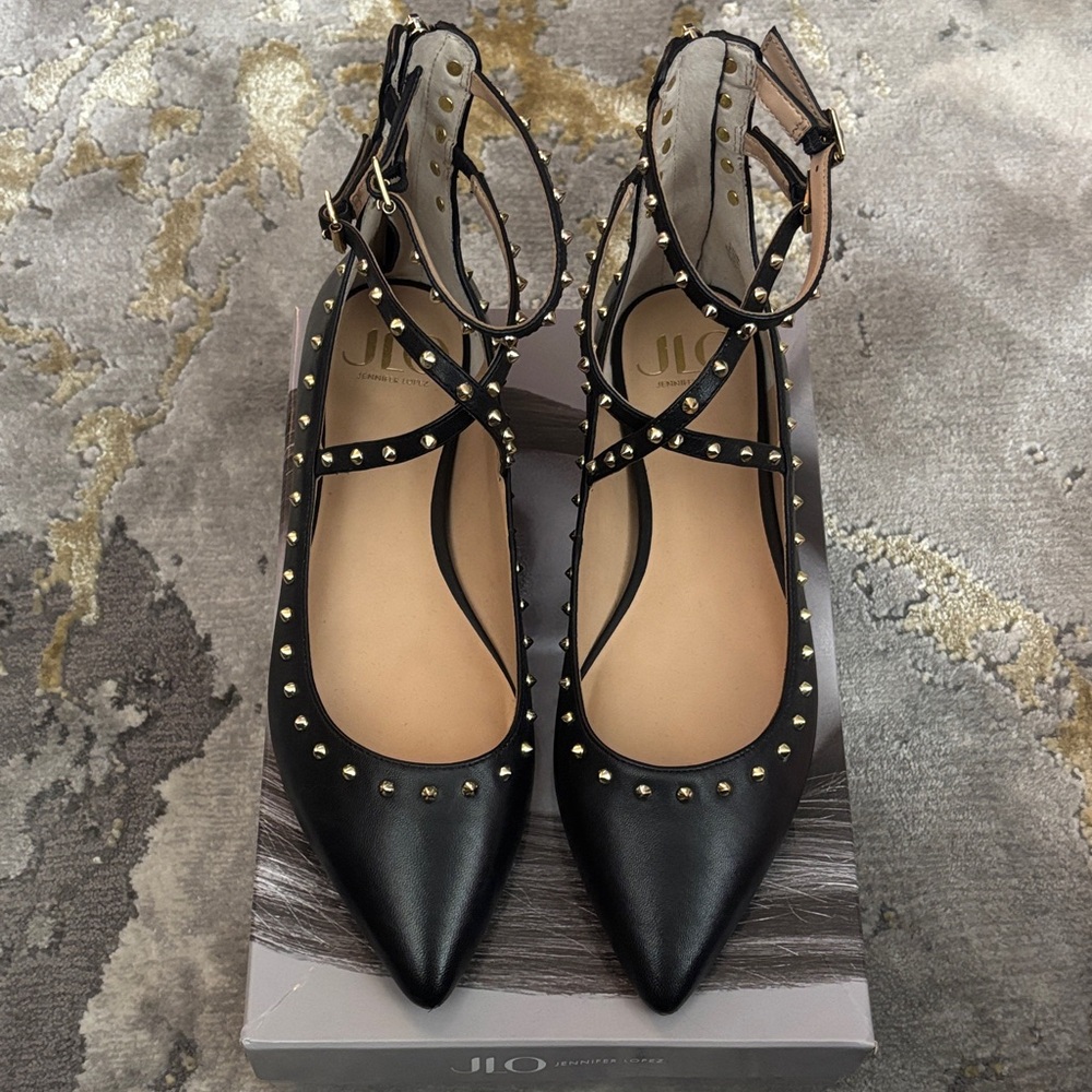 Jennifer Lopez Black Flats with Gold Studs